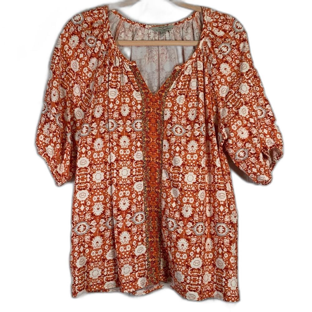 HESTER & ORCHARD Summer Boho Peasant V-Neck Short Sleeve Blouse L #871